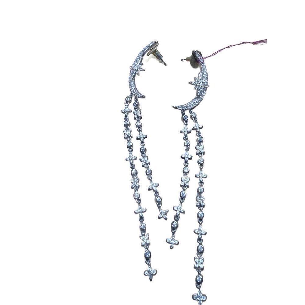 Silver Tone Crescent Moon and Cross Dangle Earrings